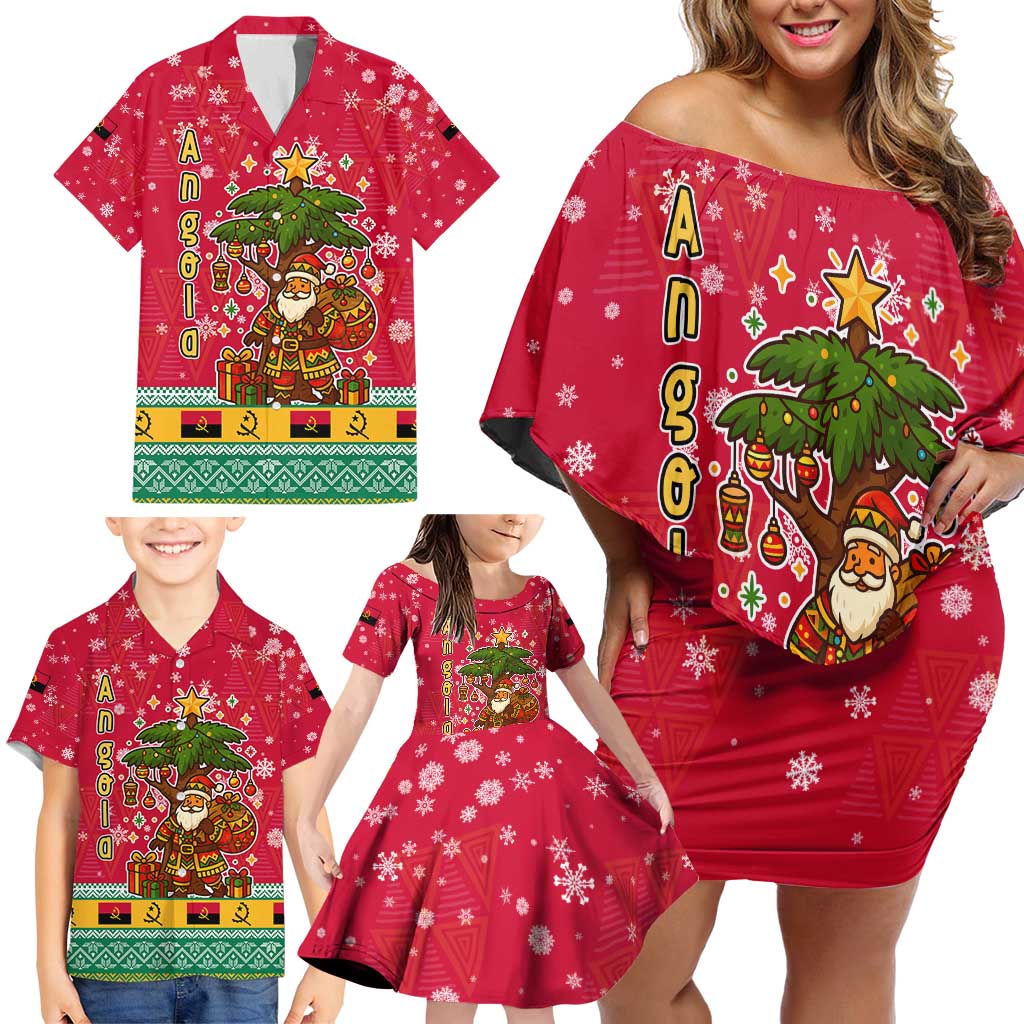 Angola Christmas Family Matching Off Shoulder Short Dress and Hawaiian Shirt with Santa, Gifts, and National Flag Map Motif - Wonder Print Shop