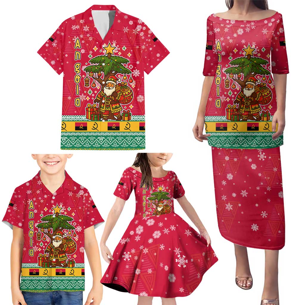 Angola Christmas Family Matching Puletasi and Hawaiian Shirt with Santa, Gifts, and National Flag Map Motif - Wonder Print Shop
