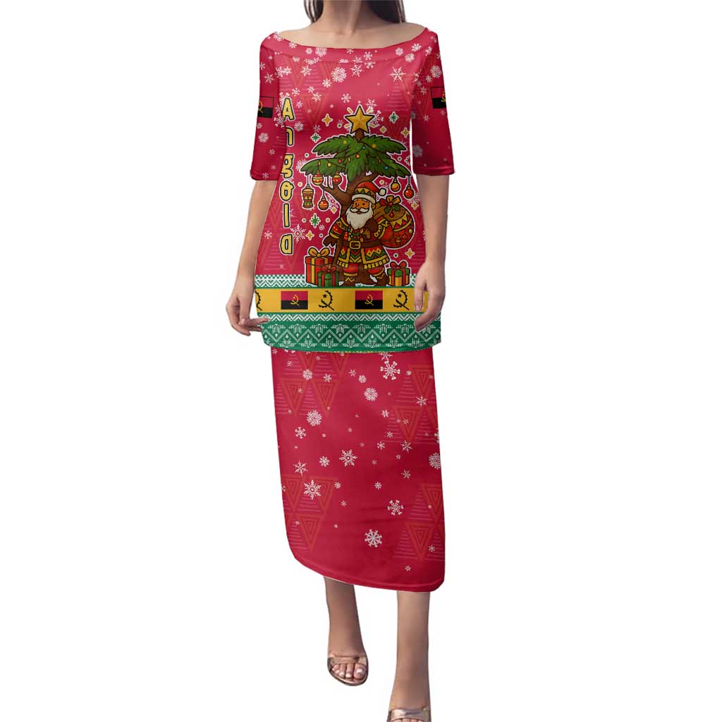 Angola Christmas Family Matching Puletasi and Hawaiian Shirt with Santa, Gifts, and National Flag Map Motif - Wonder Print Shop