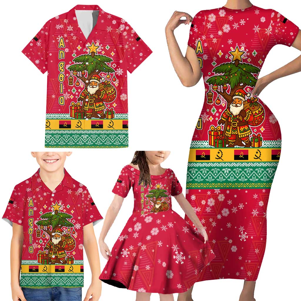 Angola Christmas Family Matching Short Sleeve Bodycon Dress and Hawaiian Shirt with Santa, Gifts, and National Flag Map Motif - Wonder Print Shop