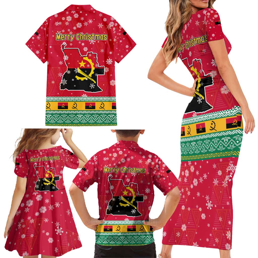 Angola Christmas Family Matching Short Sleeve Bodycon Dress and Hawaiian Shirt with Santa, Gifts, and National Flag Map Motif - Wonder Print Shop