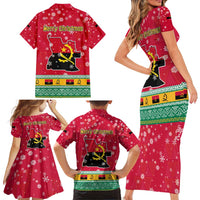 Angola Christmas Family Matching Short Sleeve Bodycon Dress and Hawaiian Shirt with Santa, Gifts, and National Flag Map Motif - Wonder Print Shop