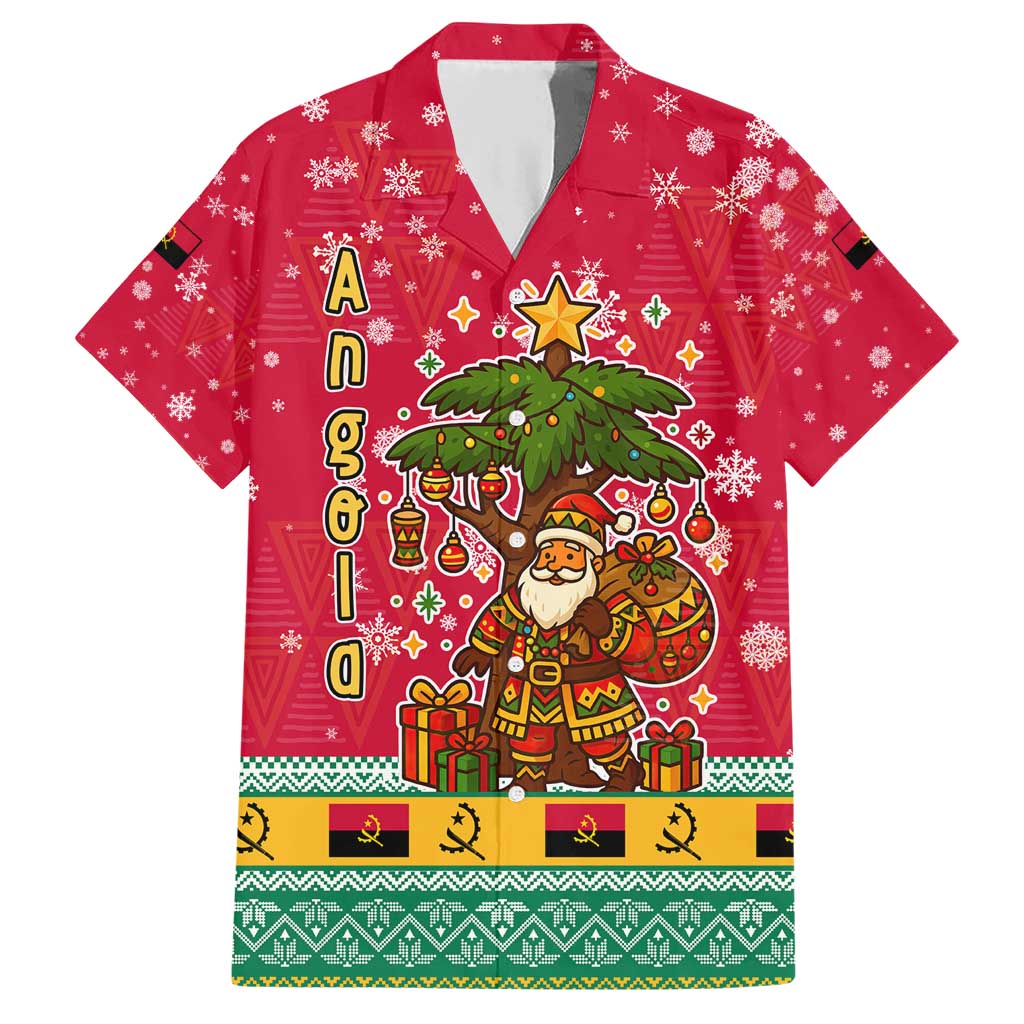 Angola Christmas Family Matching Short Sleeve Bodycon Dress and Hawaiian Shirt with Santa, Gifts, and National Flag Map Motif - Wonder Print Shop