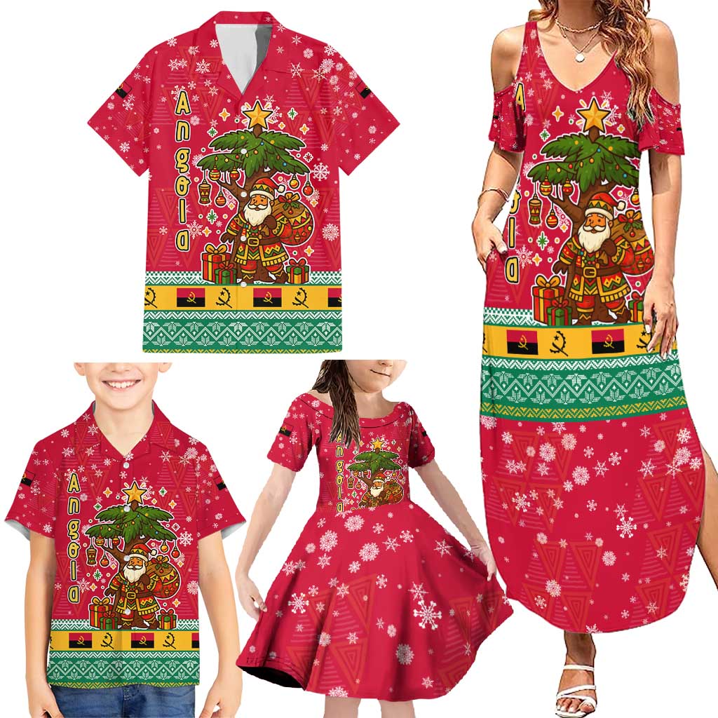 Angola Christmas Family Matching Summer Maxi Dress and Hawaiian Shirt with Santa, Gifts, and National Flag Map Motif - Wonder Print Shop