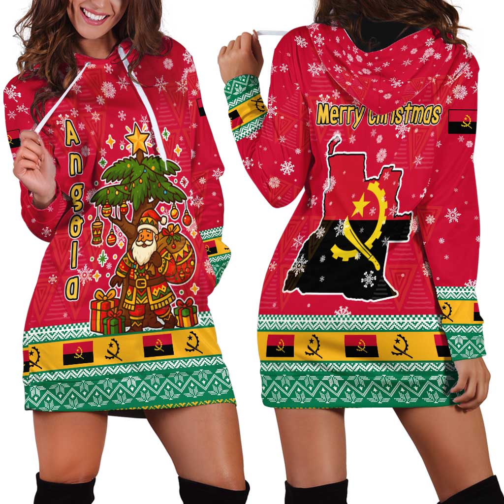 Angola Christmas Hoodie Dress with Santa, Gifts, and National Flag Map Motif - Wonder Print Shop
