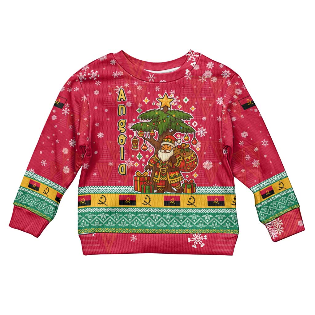 Angola Christmas Kid Ugly Christmas Sweater with Santa, Gifts, and National Flag Map Motif - Wonder Print Shop