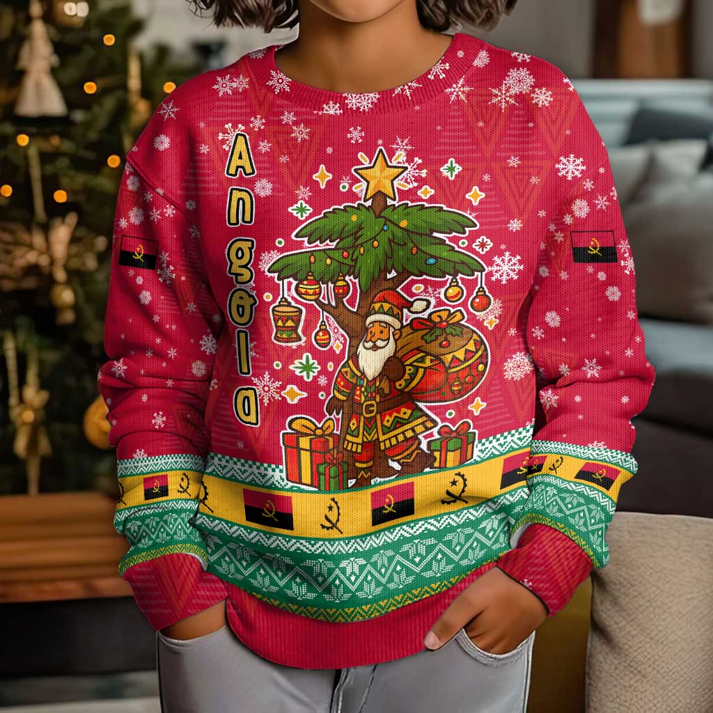 Angola Christmas Kid Ugly Christmas Sweater with Santa, Gifts, and National Flag Map Motif - Wonder Print Shop