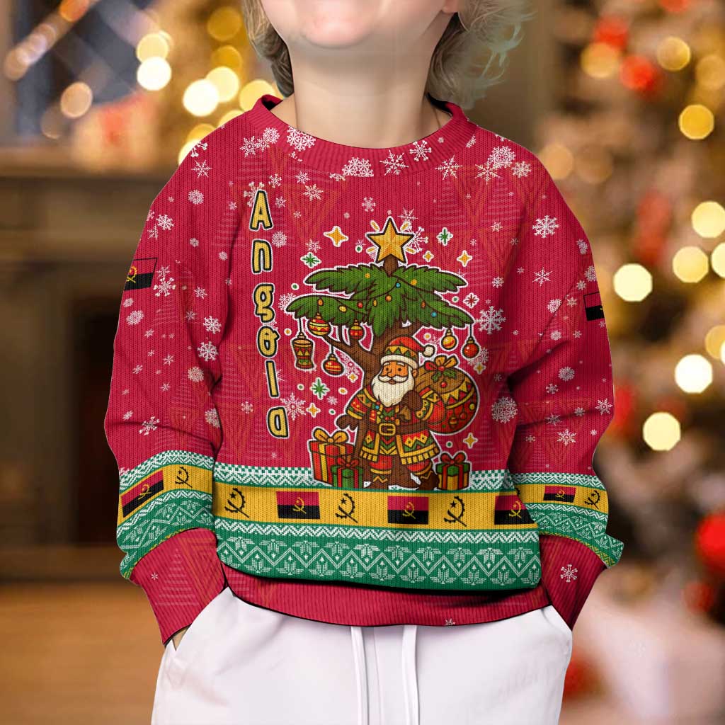 Angola Christmas Kid Ugly Christmas Sweater with Santa, Gifts, and National Flag Map Motif - Wonder Print Shop