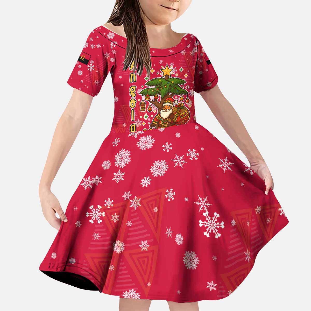 Angola Christmas Kid Short Sleeve Dress with Santa, Gifts, and National Flag Map Motif - Wonder Print Shop