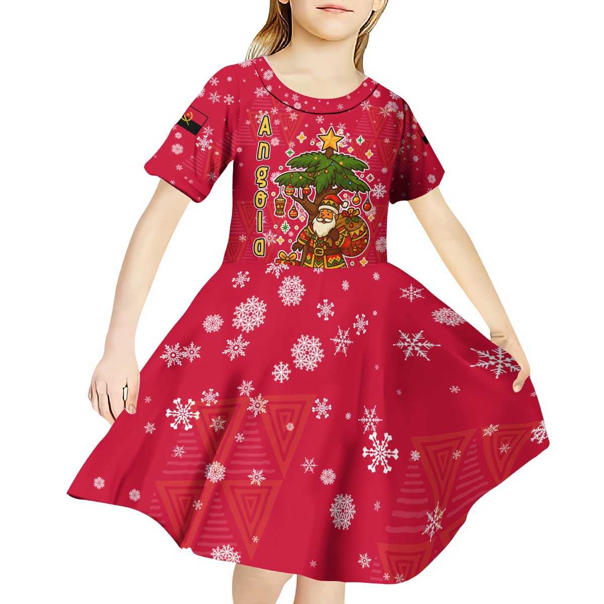 Angola Christmas Kid Short Sleeve Dress with Santa, Gifts, and National Flag Map Motif - Wonder Print Shop