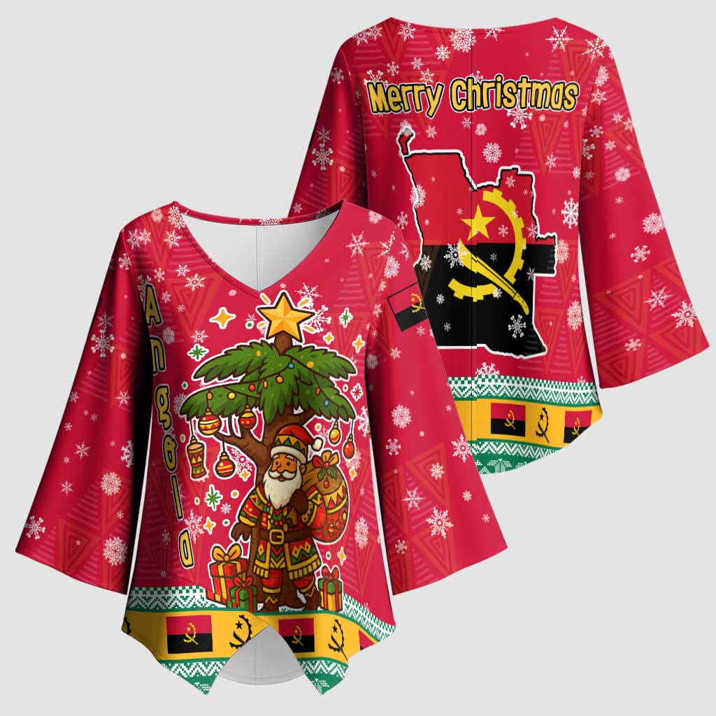 Angola Christmas Kimono Sleeve Blouse with Santa, Gifts, and National Flag Map Motif - Wonder Print Shop