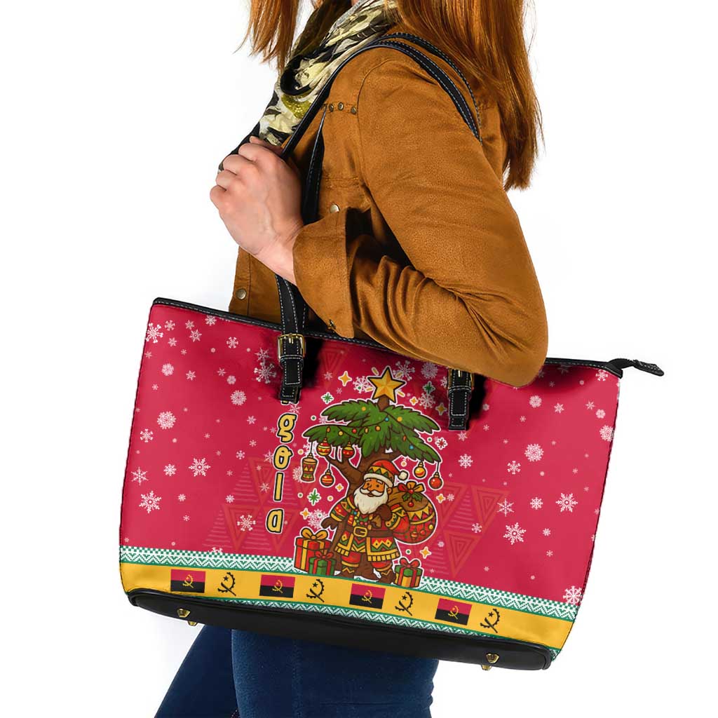 Angola Christmas Leather Tote Bag with Santa, Gifts, and National Flag Map Motif - Wonder Print Shop