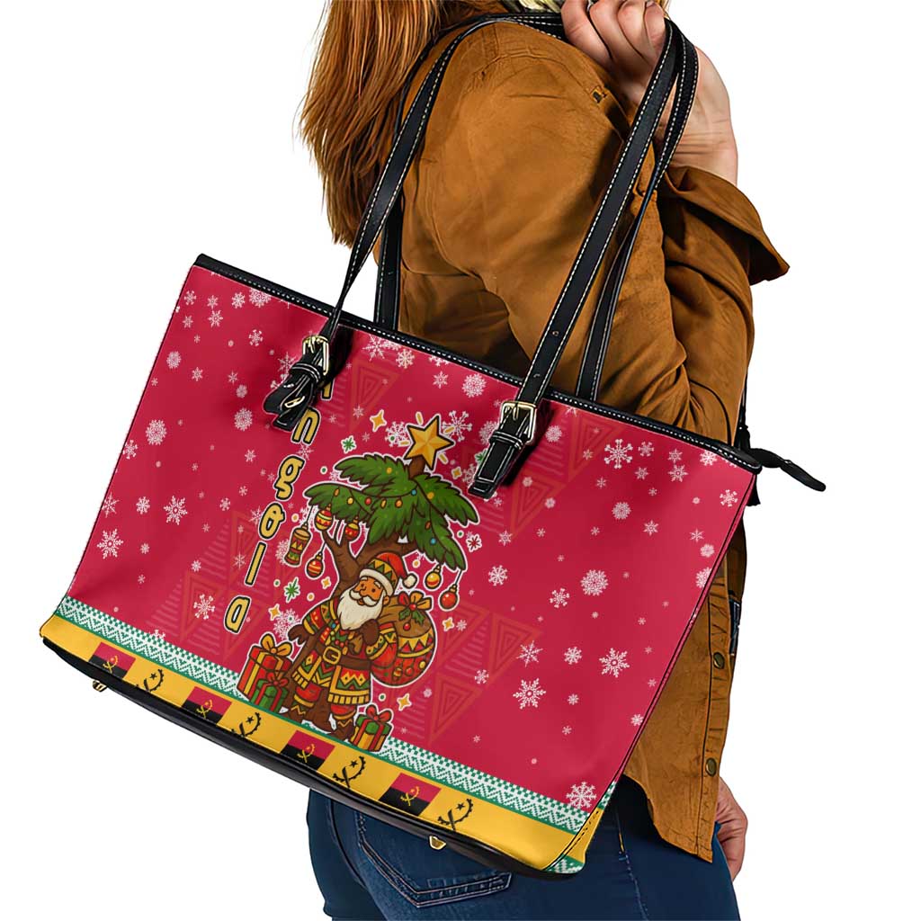 Angola Christmas Leather Tote Bag with Santa, Gifts, and National Flag Map Motif - Wonder Print Shop