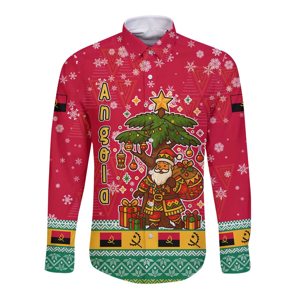 Angola Christmas Long Sleeve Button Shirt with Santa, Gifts, and National Flag Map Motif - Wonder Print Shop