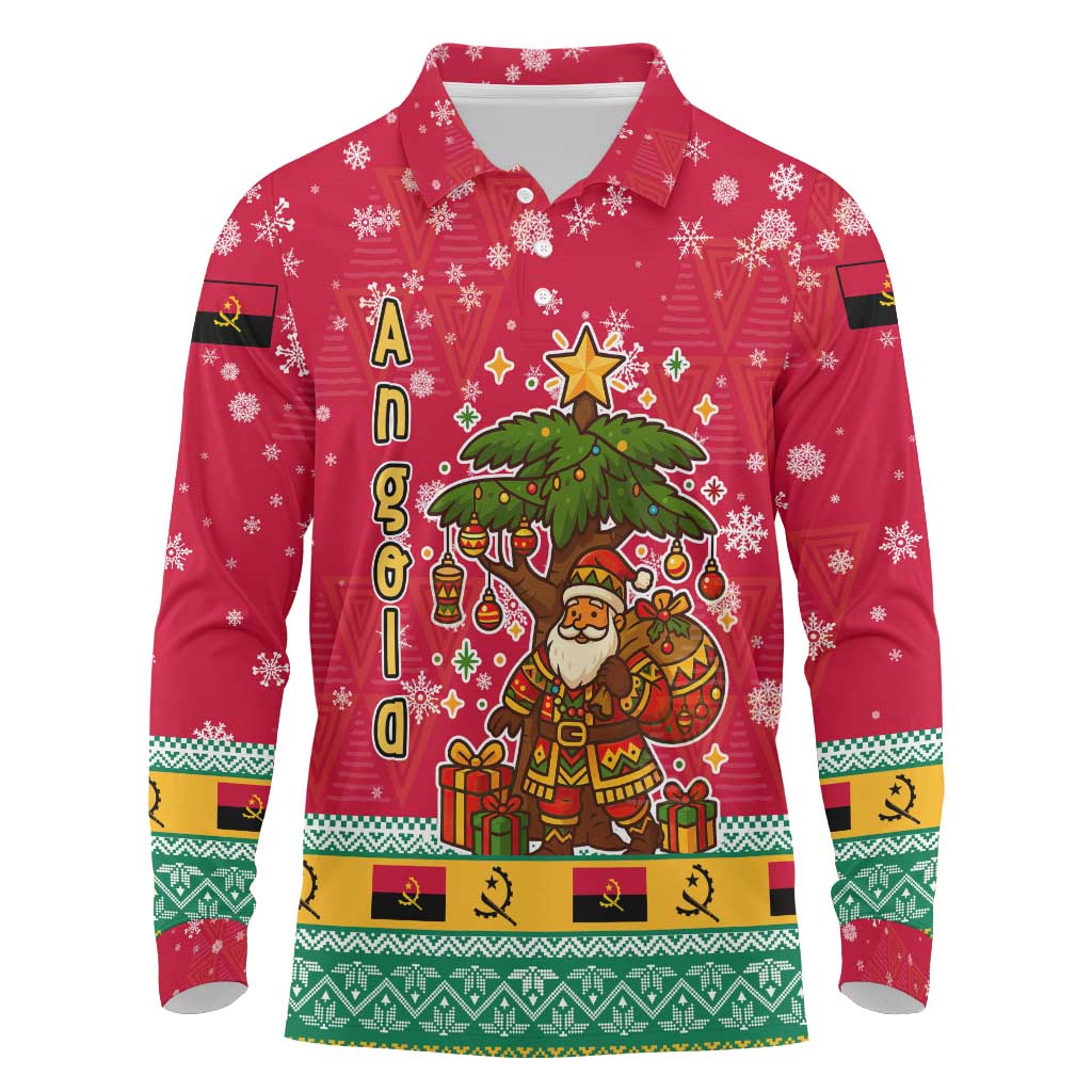 Angola Christmas Long Sleeve Polo Shirt with Santa, Gifts, and National Flag Map Motif - Wonder Print Shop