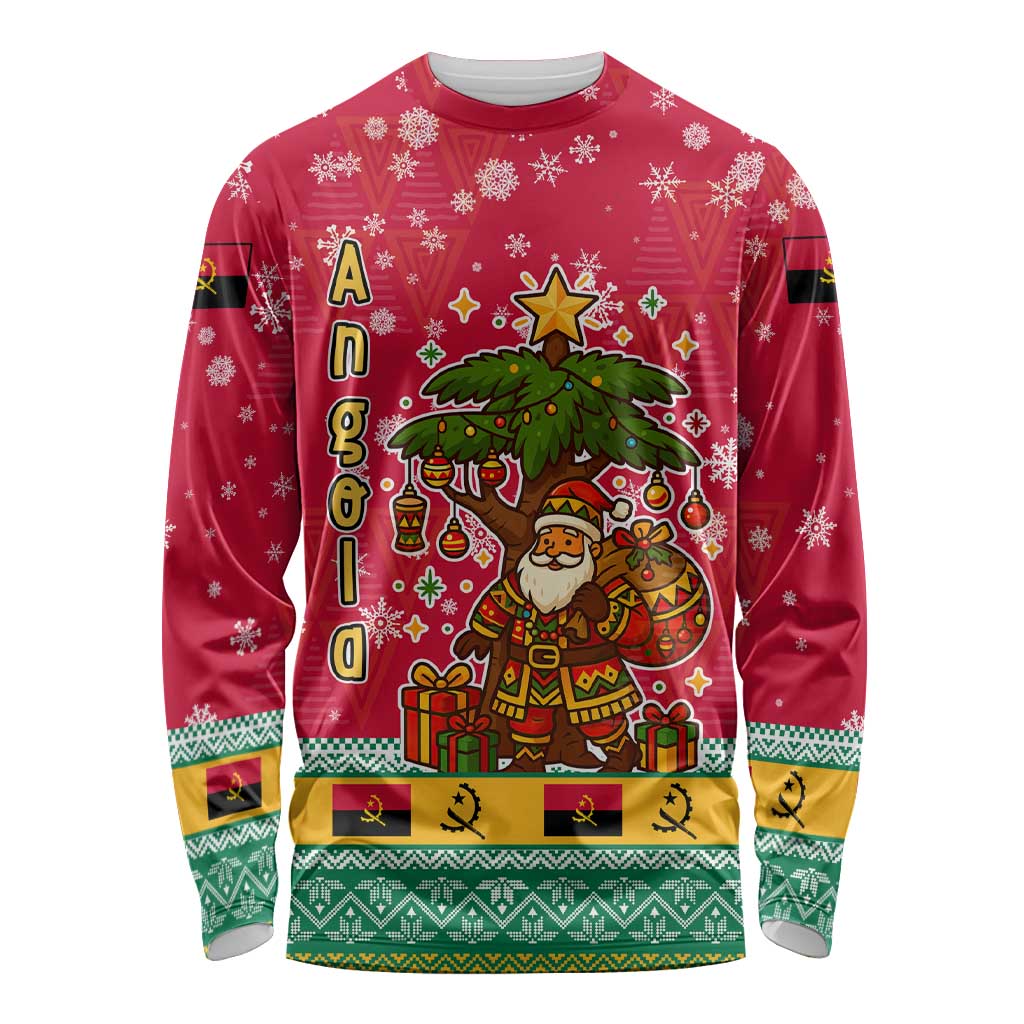 Angola Christmas Long Sleeve Shirt with Santa, Gifts, and National Flag Map Motif - Wonder Print Shop