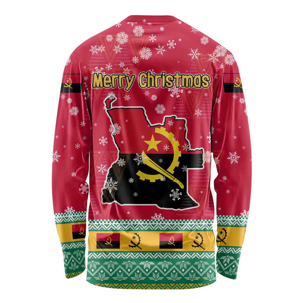 Angola Christmas Long Sleeve Shirt with Santa, Gifts, and National Flag Map Motif - Wonder Print Shop