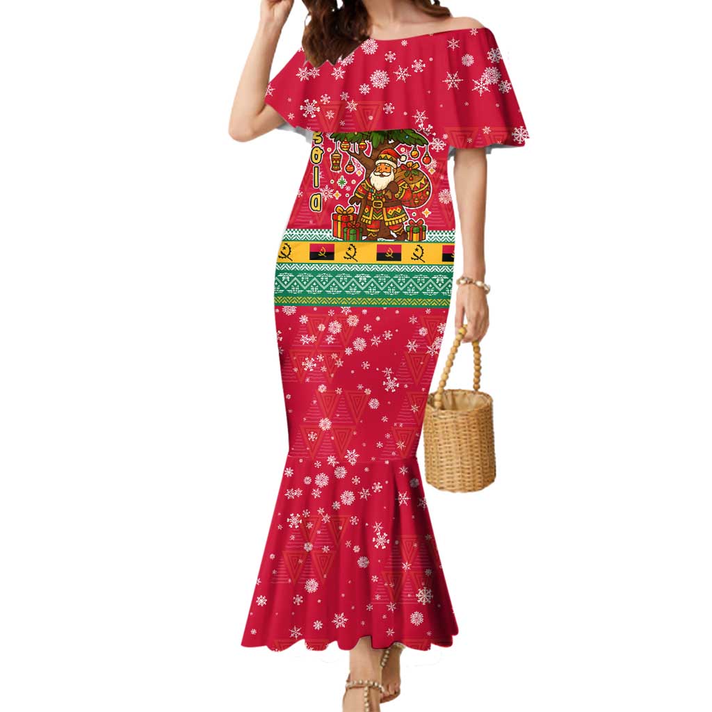 Angola Christmas Mermaid Dress with Santa, Gifts, and National Flag Map Motif - Wonder Print Shop