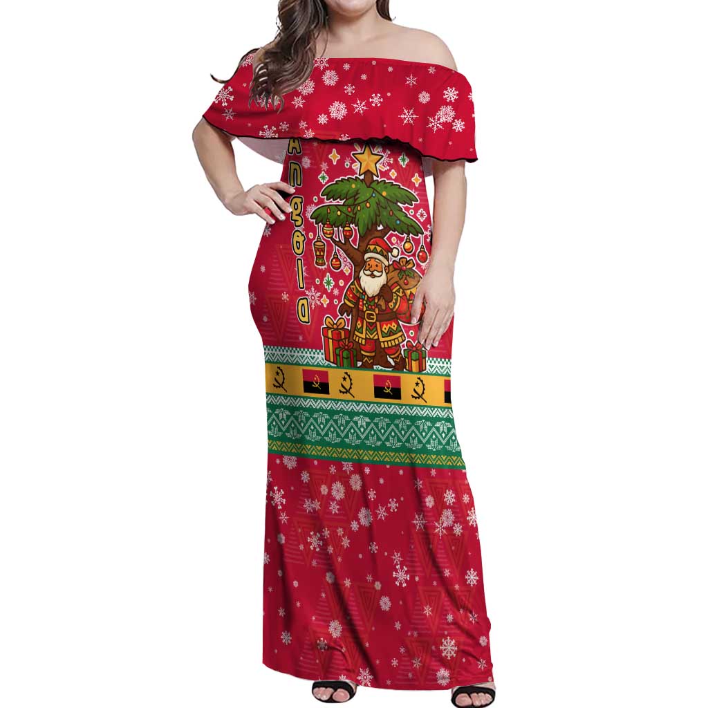 Angola Christmas Off Shoulder Maxi Dress with Santa, Gifts, and National Flag Map Motif - Wonder Print Shop