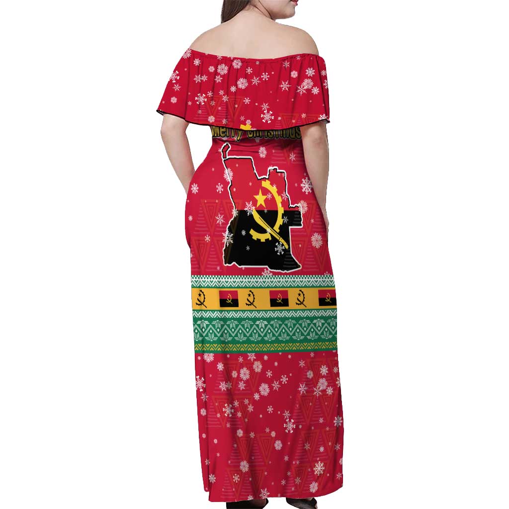 Angola Christmas Off Shoulder Maxi Dress with Santa, Gifts, and National Flag Map Motif - Wonder Print Shop