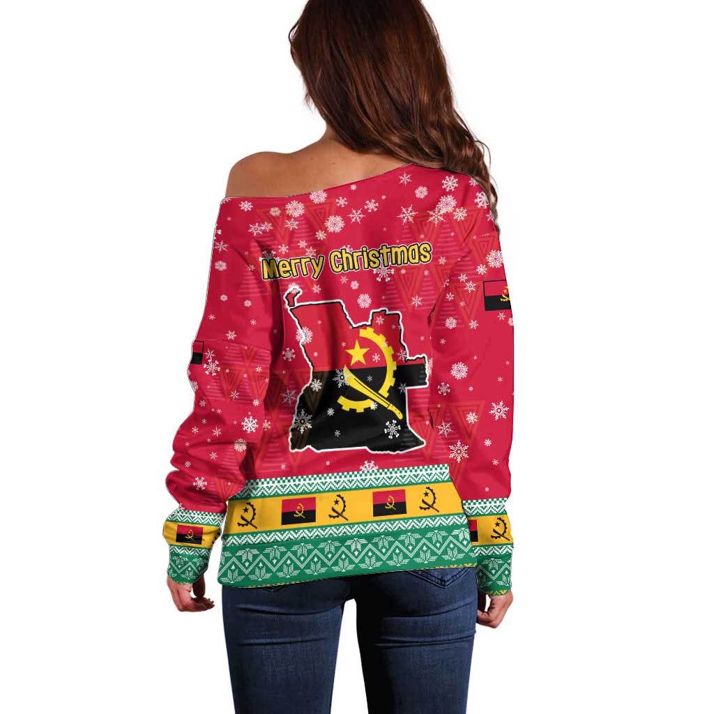 Angola Christmas Off Shoulder Sweater with Santa, Gifts, and National Flag Map Motif - Wonder Print Shop
