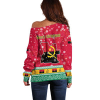 Angola Christmas Off Shoulder Sweater with Santa, Gifts, and National Flag Map Motif - Wonder Print Shop