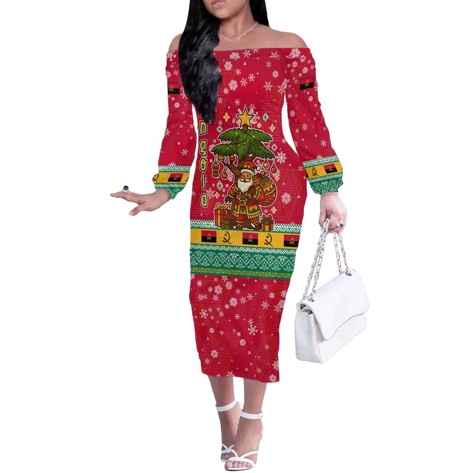 Angola Christmas Off The Shoulder Long Sleeve Dress with Santa, Gifts, and National Flag Map Motif - Wonder Print Shop
