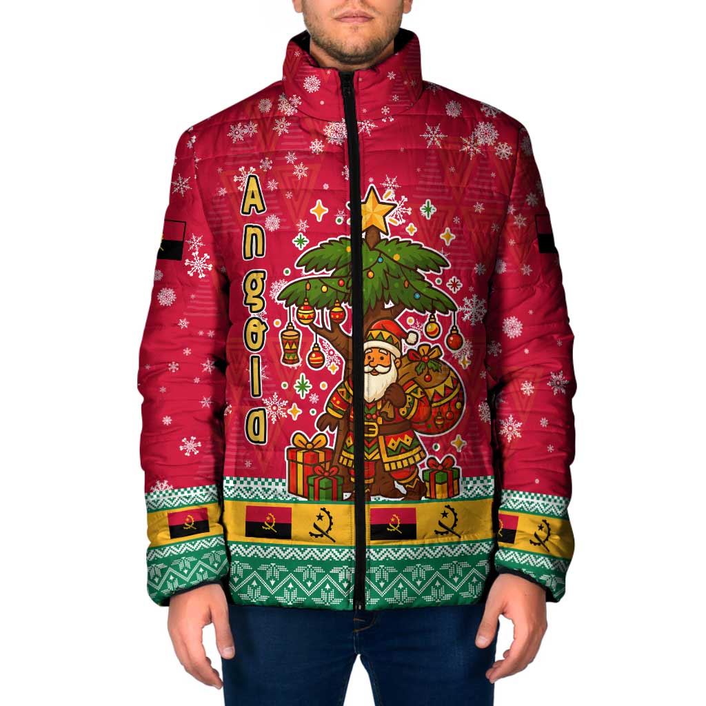 Angola Christmas Padded Jacket with Santa, Gifts, and National Flag Map Motif - Wonder Print Shop