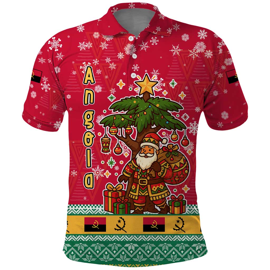 Angola Christmas Polo Shirt with Santa, Gifts, and National Flag Map Motif - Wonder Print Shop