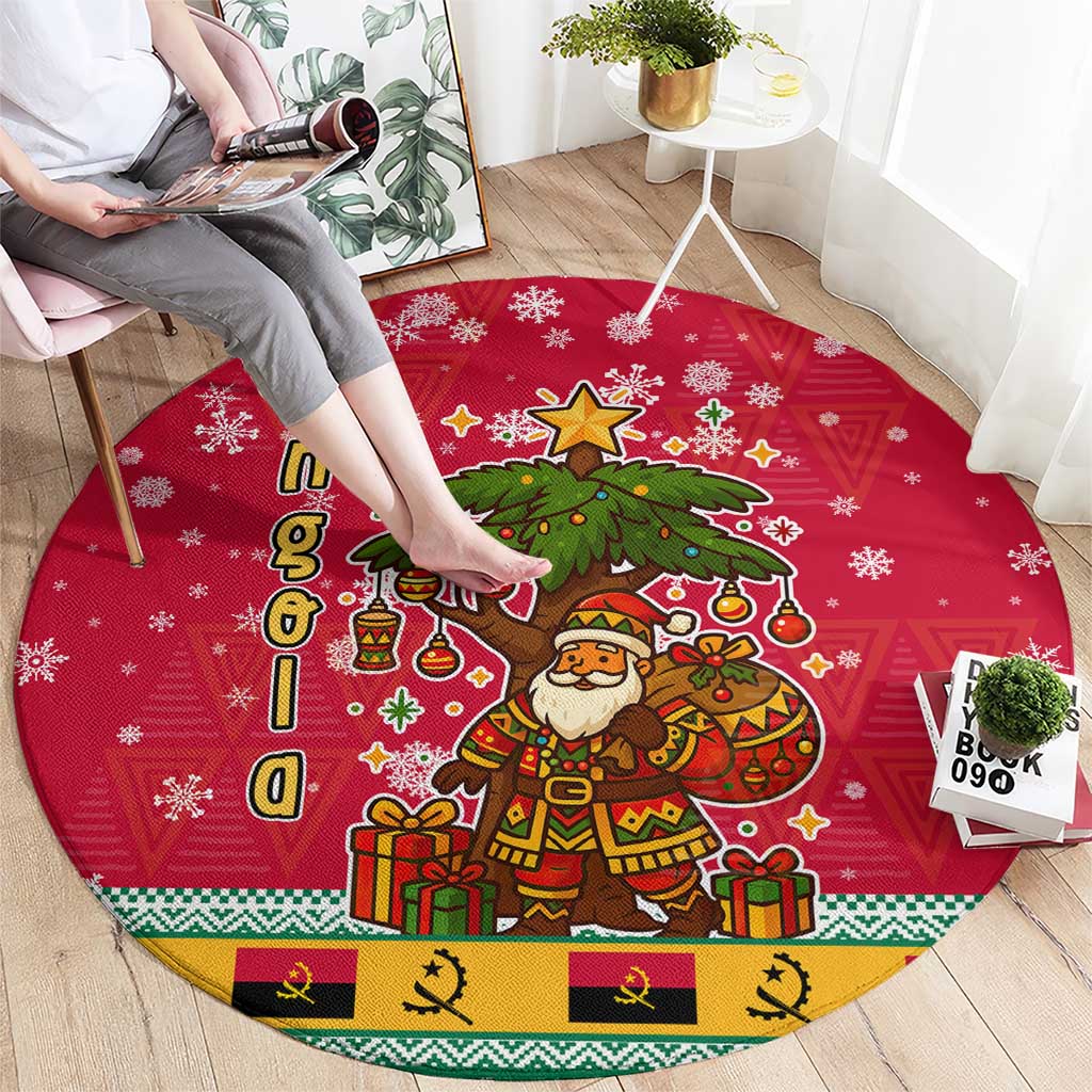 Angola Christmas Round Carpet with Santa, Gifts, and National Flag Map Motif - Wonder Print Shop