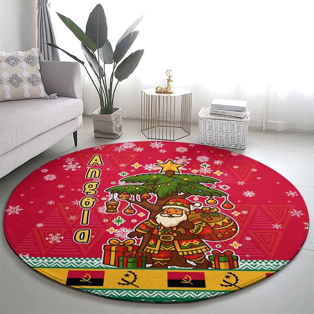 Angola Christmas Round Carpet with Santa, Gifts, and National Flag Map Motif - Wonder Print Shop