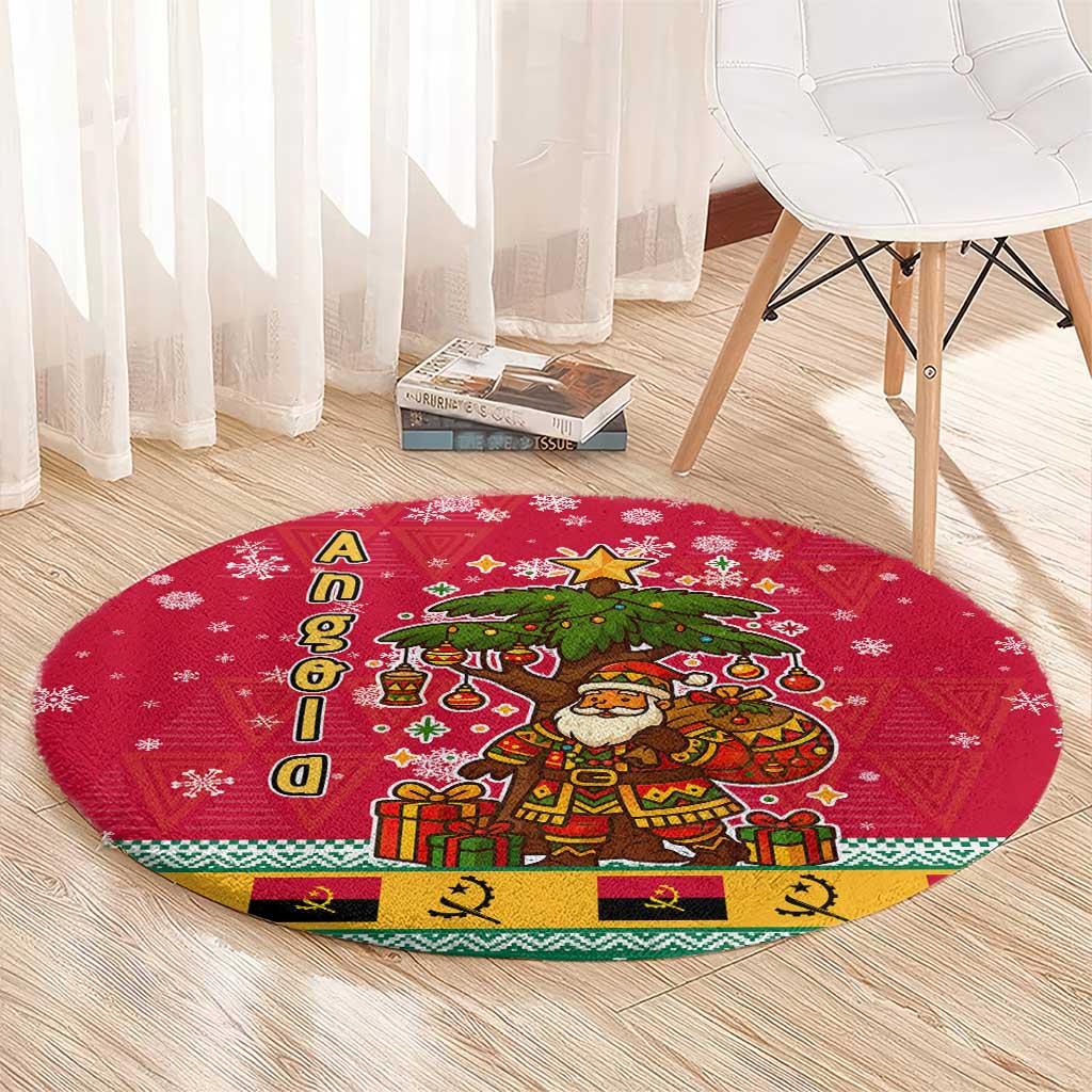Angola Christmas Round Carpet with Santa, Gifts, and National Flag Map Motif - Wonder Print Shop