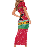 Angola Christmas Short Sleeve Bodycon Dress with Santa, Gifts, and National Flag Map Motif - Wonder Print Shop