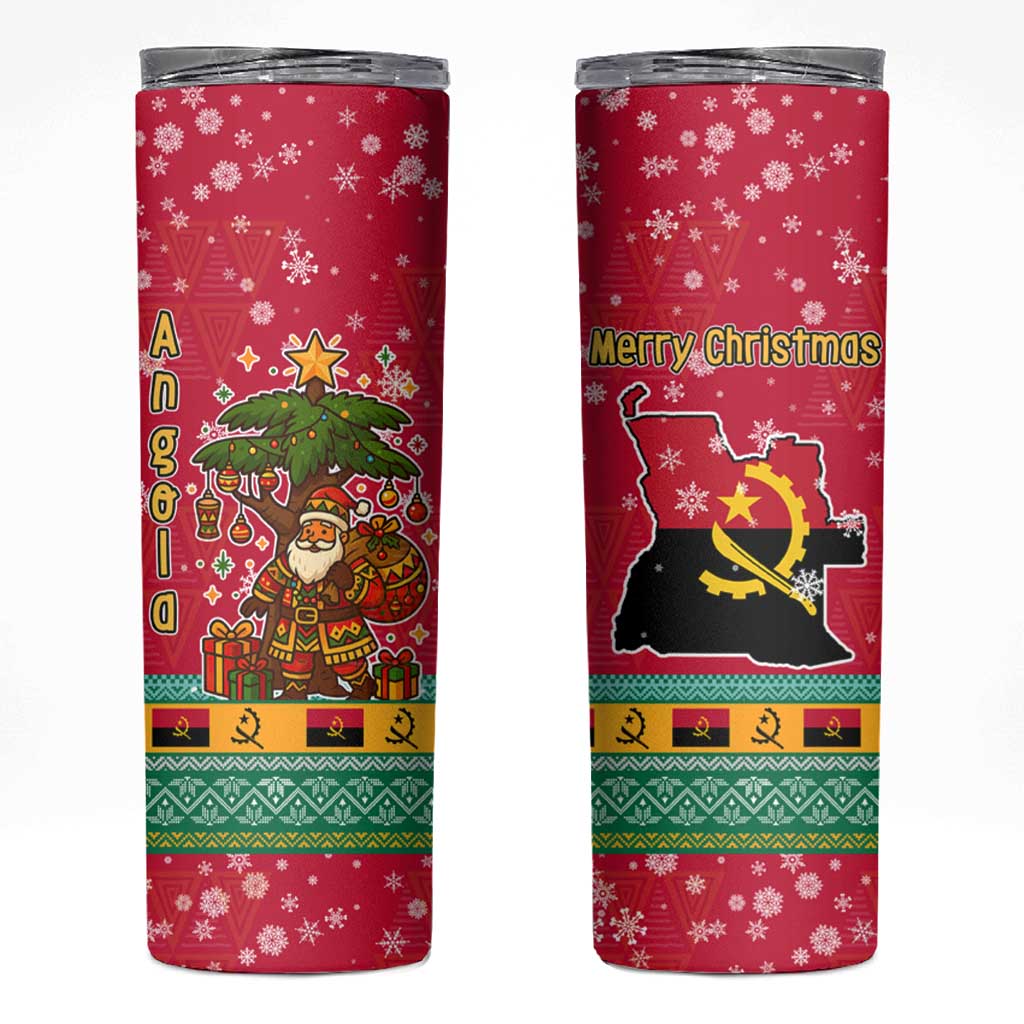 Angola Christmas Skinny Tumbler with Santa, Gifts, and National Flag Map Motif - Wonder Print Shop