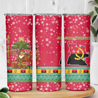 Angola Christmas Skinny Tumbler with Santa, Gifts, and National Flag Map Motif - Wonder Print Shop