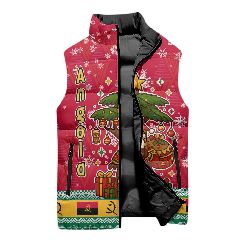 Angola Christmas Sleeveless Puffer Jacket with Santa, Gifts, and National Flag Map Motif - Wonder Print Shop