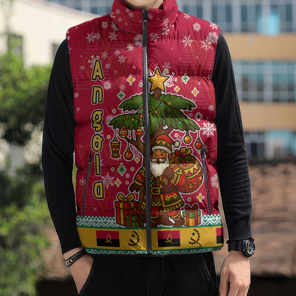 Angola Christmas Sleeveless Puffer Jacket with Santa, Gifts, and National Flag Map Motif - Wonder Print Shop