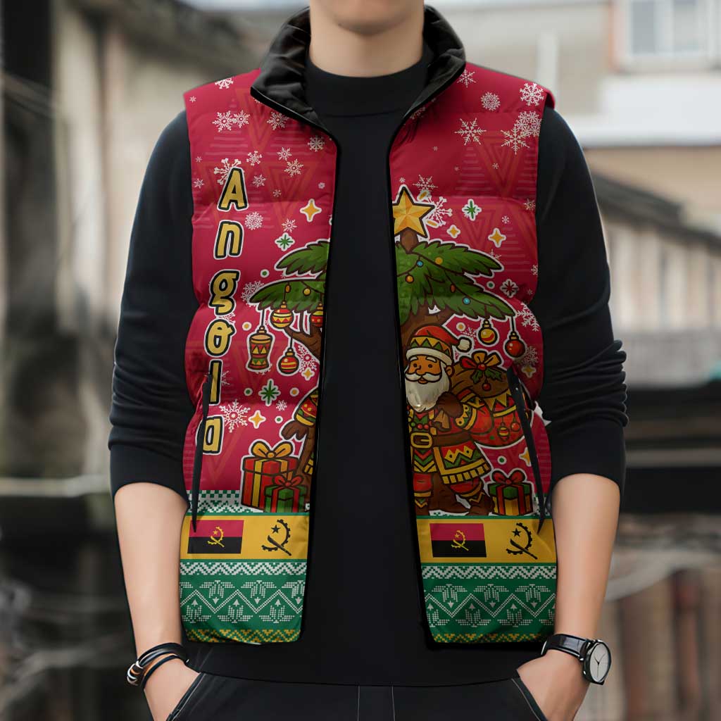 Angola Christmas Sleeveless Puffer Jacket with Santa, Gifts, and National Flag Map Motif - Wonder Print Shop
