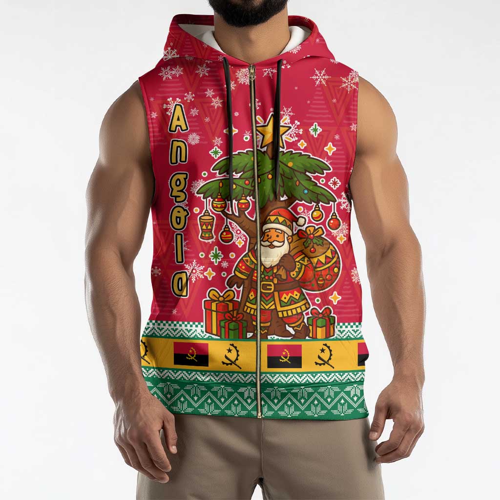 Angola Christmas Sleeveless Zip Hoodie with Santa, Gifts, and National Flag Map Motif - Wonder Print Shop