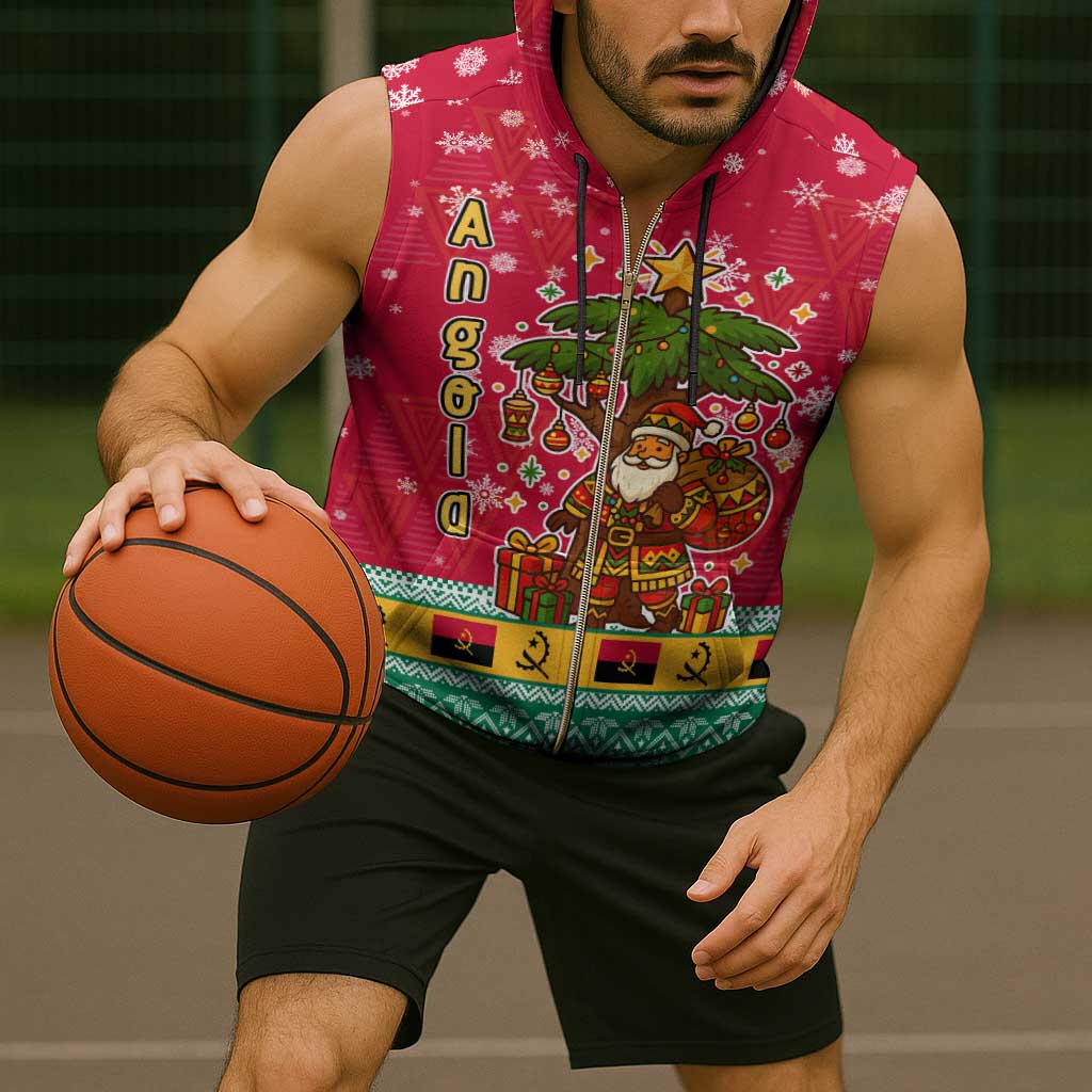 Angola Christmas Sleeveless Zip Hoodie with Santa, Gifts, and National Flag Map Motif - Wonder Print Shop