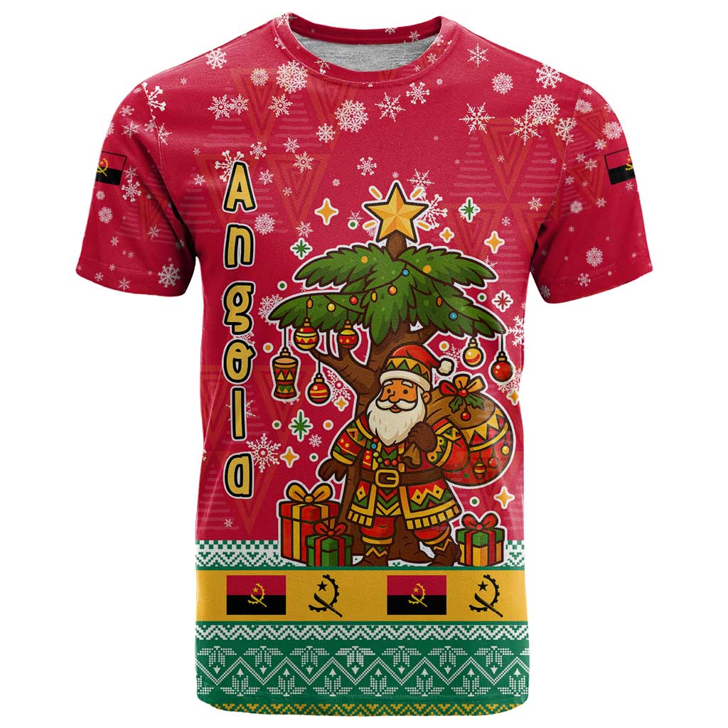 Angola Christmas T Shirt with Santa, Gifts, and National Flag Map Motif - Wonder Print Shop