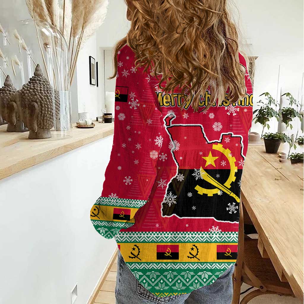 Angola Christmas Women Casual Shirt with Santa, Gifts, and National Flag Map Motif - Wonder Print Shop