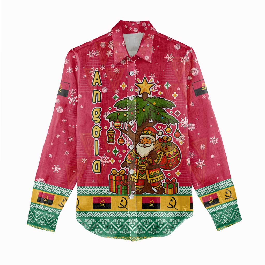 Angola Christmas Women Casual Shirt with Santa, Gifts, and National Flag Map Motif - Wonder Print Shop