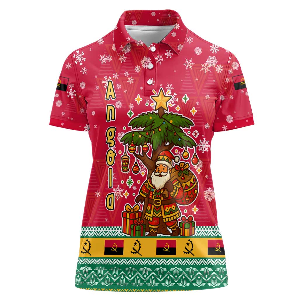 Angola Christmas Women Polo Shirt with Santa, Gifts, and National Flag Map Motif - Wonder Print Shop