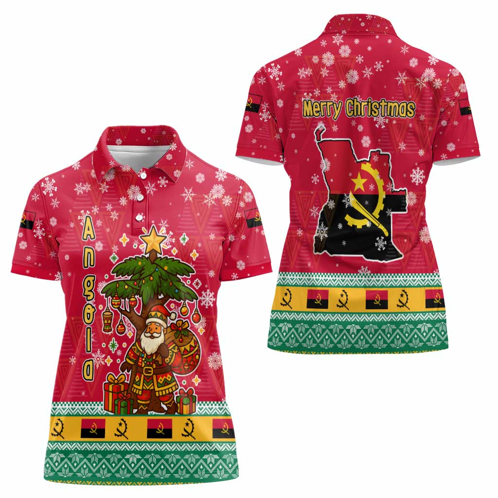 Angola Christmas Women Polo Shirt with Santa, Gifts, and National Flag Map Motif - Wonder Print Shop