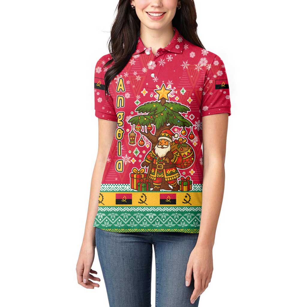 Angola Christmas Women Polo Shirt with Santa, Gifts, and National Flag Map Motif - Wonder Print Shop