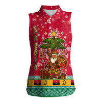 Angola Christmas Women Sleeveless Polo Shirt with Santa, Gifts, and National Flag Map Motif - Wonder Print Shop