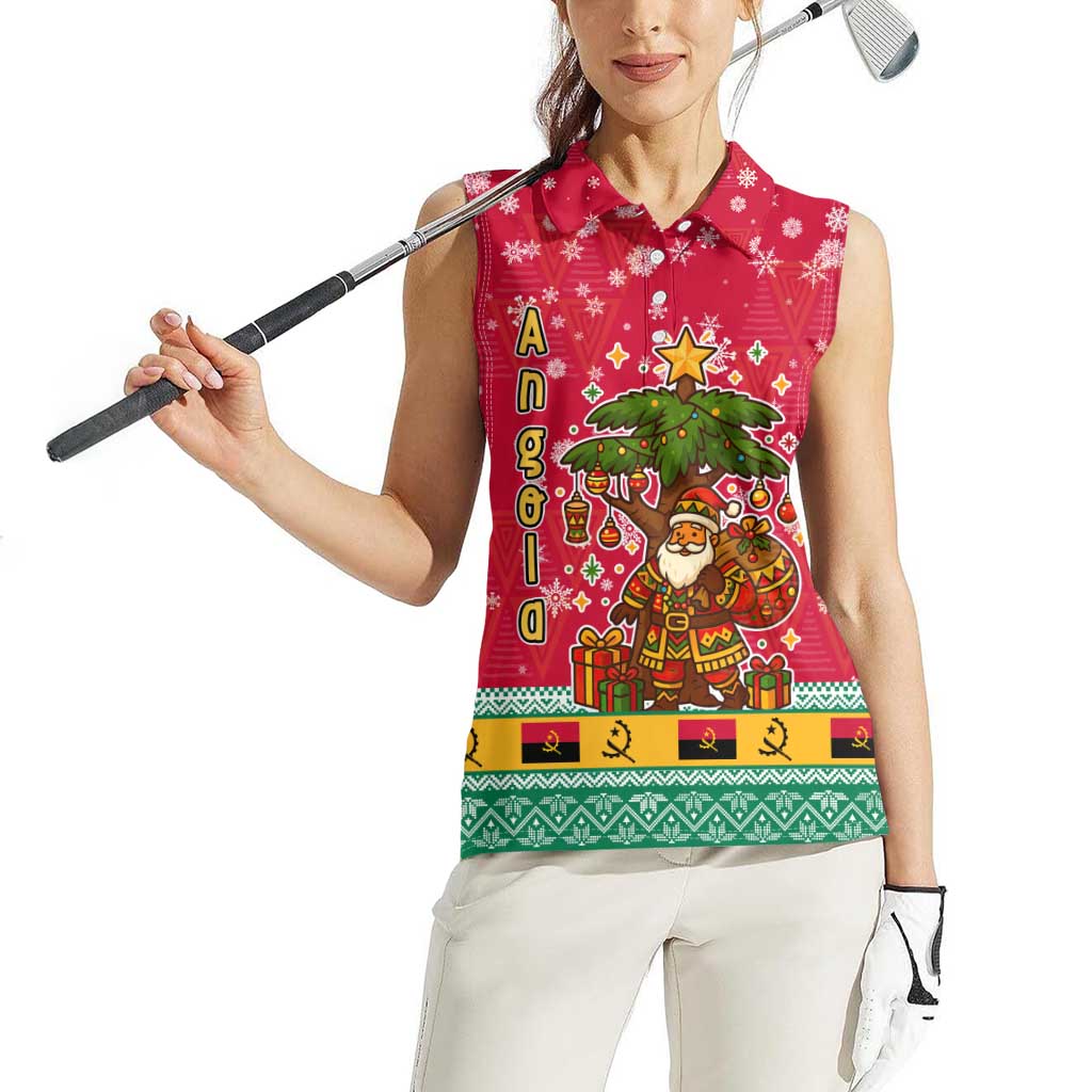 Angola Christmas Women Sleeveless Polo Shirt with Santa, Gifts, and National Flag Map Motif - Wonder Print Shop