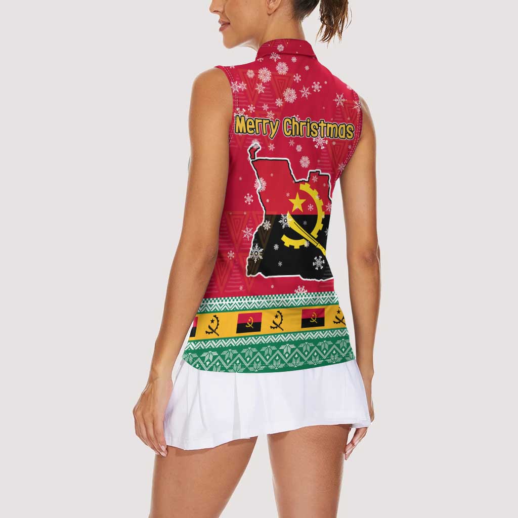 Angola Christmas Women Sleeveless Polo Shirt with Santa, Gifts, and National Flag Map Motif - Wonder Print Shop