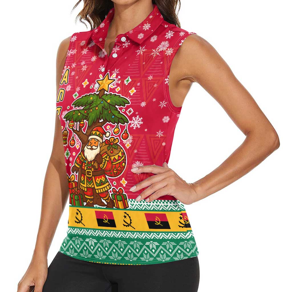 Angola Christmas Women Sleeveless Polo Shirt with Santa, Gifts, and National Flag Map Motif - Wonder Print Shop